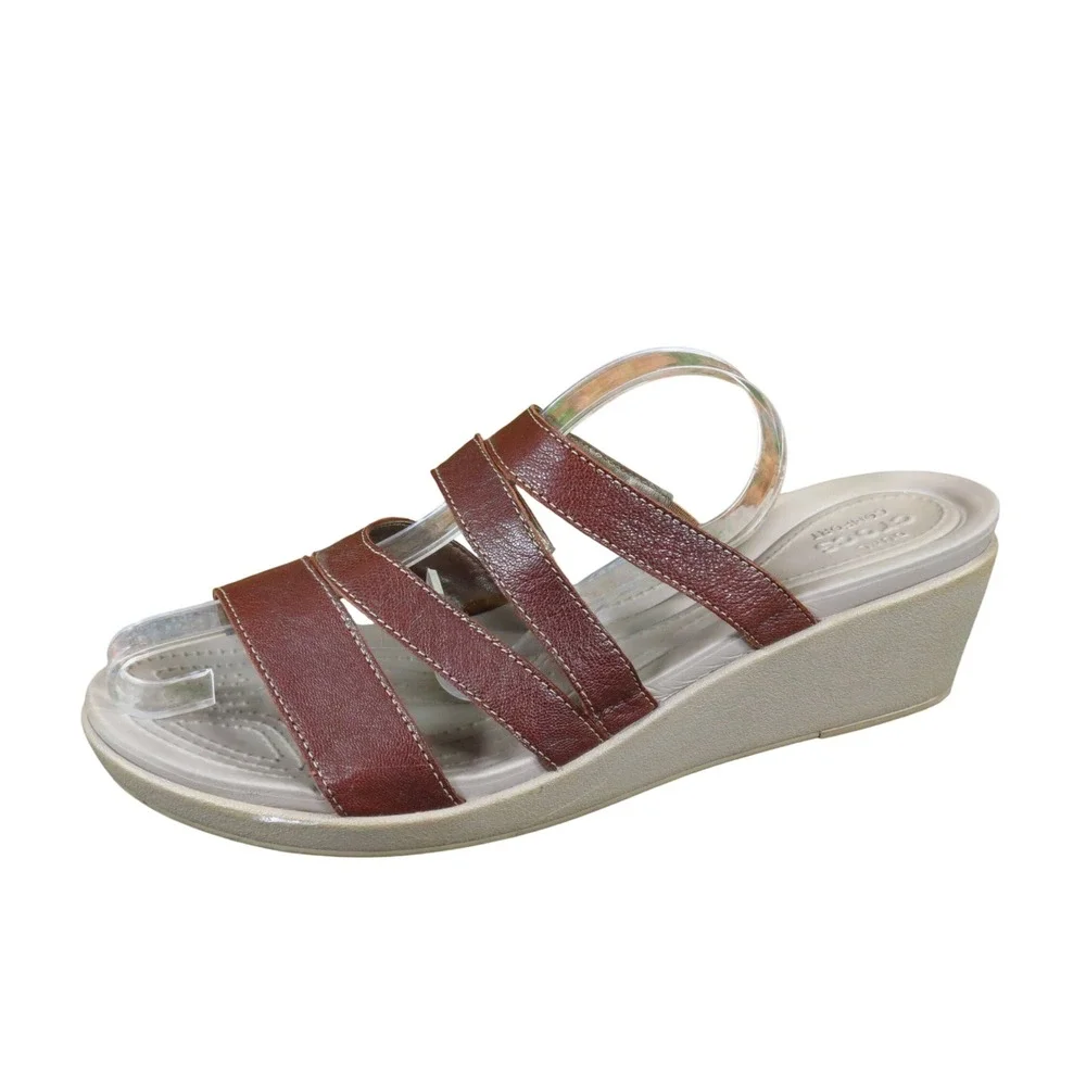 Crocs Leigh-Ann Women Wedge Sandal Size 11 Comfort Dress Brown Leather Strappy